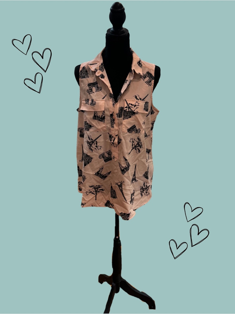Banana Republic Blush Sleeveless Paris Printed Button-Front Blouse